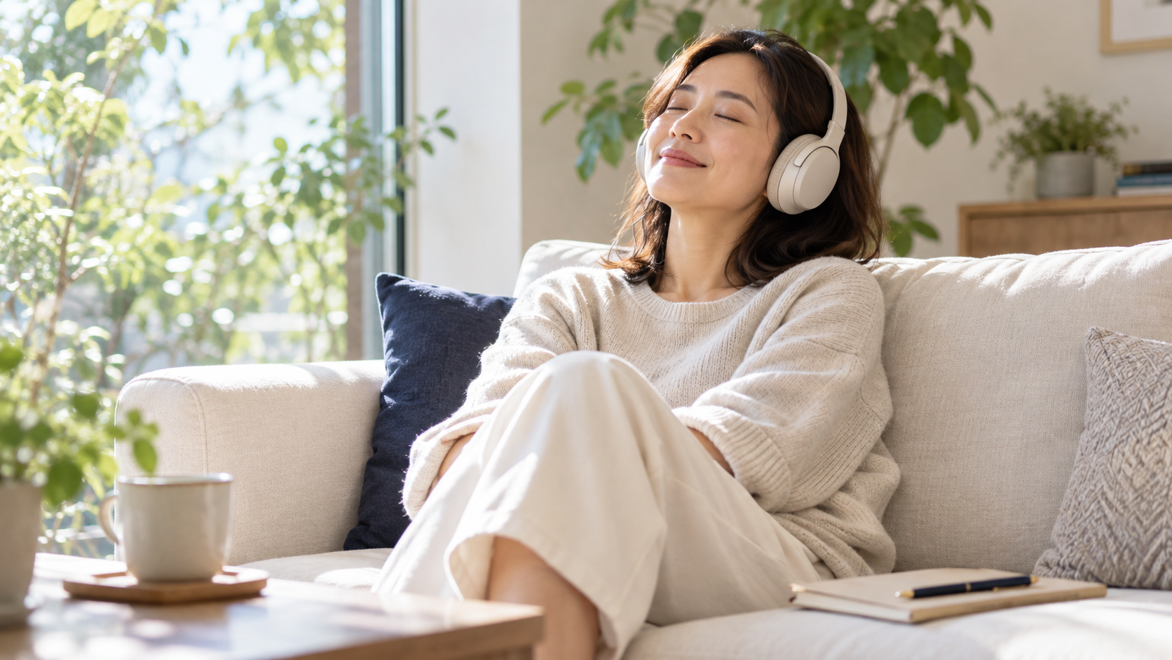 自宅で音声を聴き、くつろぐ女性のイメージ